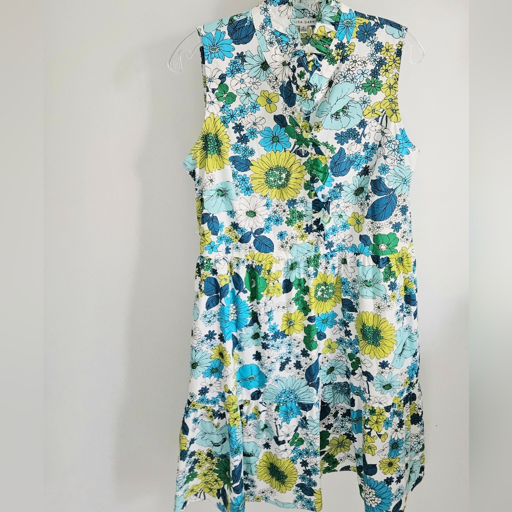 Sandra Darren Blue Green Floral Midi Dress Vintage Style
